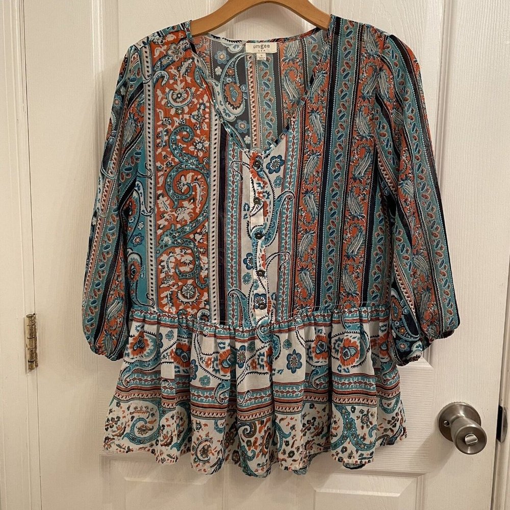 Umgee Sheer Blues & Brown Paisley Button Front Ruffle Popover 3/4 Sleeve size S